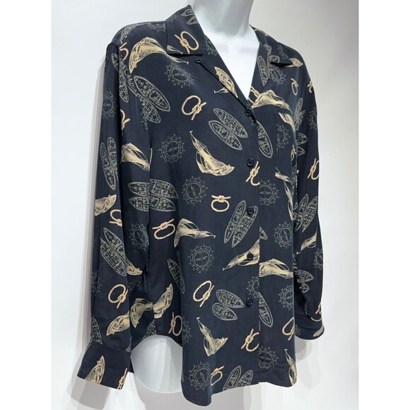 VTG Ralph Lauren Nautical 100% Silk Top Long Roll Tab Sleeve Navy Blue Size PM - Picture 8 of 13